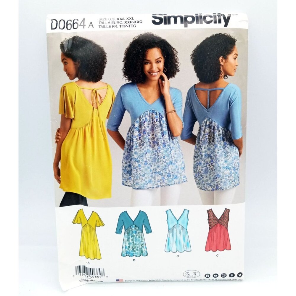 Simplicity Sewing Pattern D0664 Knit Woven Fabric Top V-Shape Front Back XXS-XXL
